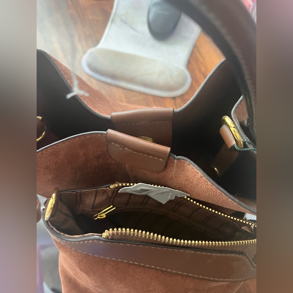 Tan Suede Mini Bucket Bag with Scarf-Wrapped Handle - Picture 6 of 7